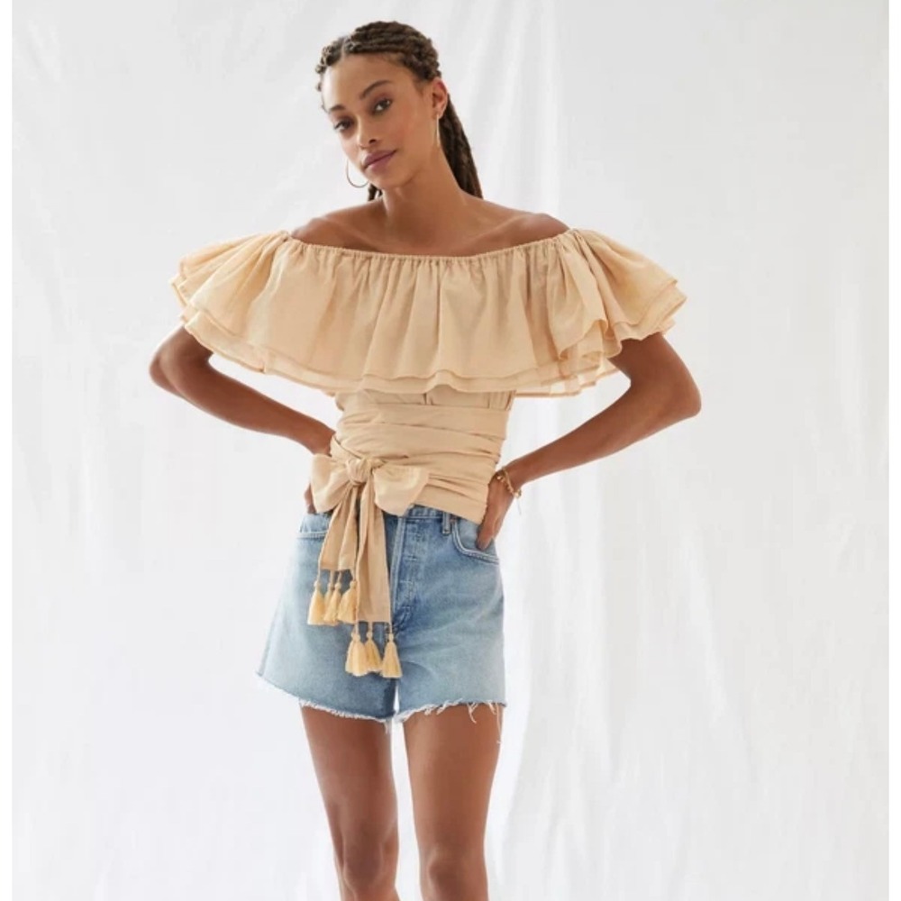 Erika Pena Anthropologie Top Womens S/M Tan Cotton Voile Off Shoulder Ruffle EUC